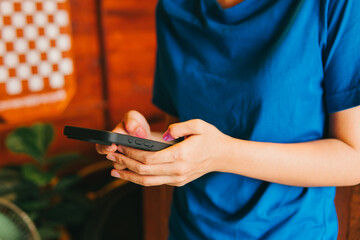 Person in Blue Shirt Interacting with Smartphone in Cozy Indoor Environment with Natural Decoration Elements