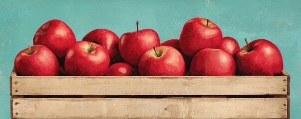 National apple day with red fruit idea. Fresh red apples in a wooden crate on a turquoise background.