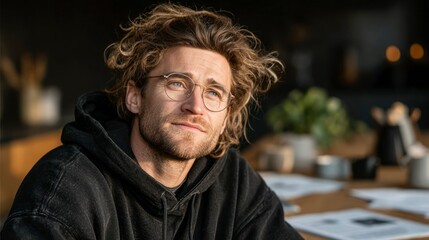 Thoughtful Individual in a Cozy Workspace with Curly Hair and Glasses