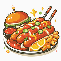 sausage, meal, food, currywurst, bratwurst, curry, german, ketchup, sauce, pork, lunch, fried, dinner, meat, snack, spicy, wurst, hot, dish, plate, fast, spice, grill, wooden, fast food, roasted, cook