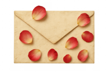 Red and pink rose petals arranged on a beige vintage envelope, isolated on a transparent background, creating a romantic and nostalgic atmosphere