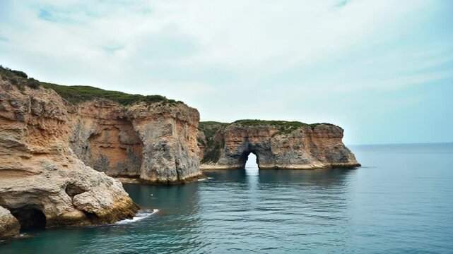 Scenic view of rocky cliffs rising from calm waters in a natural setting