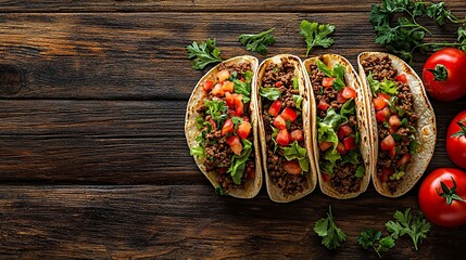 Four tacos on a wooden table