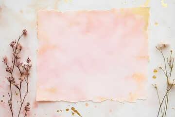 Torn Edge Blush Watercolor Card Mockup with Gold Foil and Flowers

