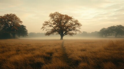 Obraz premium Serene Autumn Landscape with Lone Tree in Misty Field at Dawn