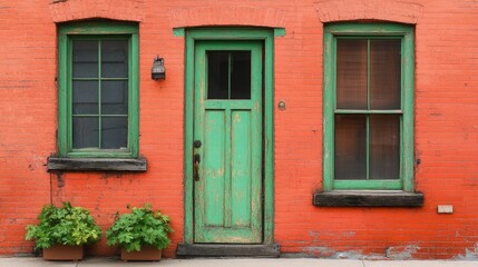 Rustic Green Door and Windows on Orange Brick Wall