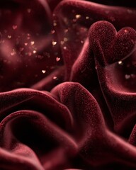 Seamless Deep Red Velvet Texture with Heart Sparkles – Romantic Background


