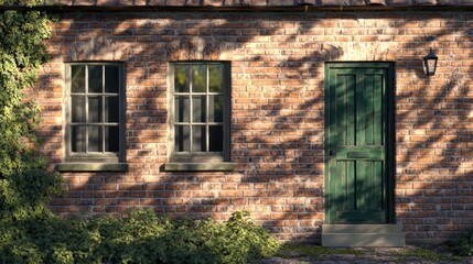 Rustic Brick Building Exterior with Green Door and Windows, Sunlight and Shadows