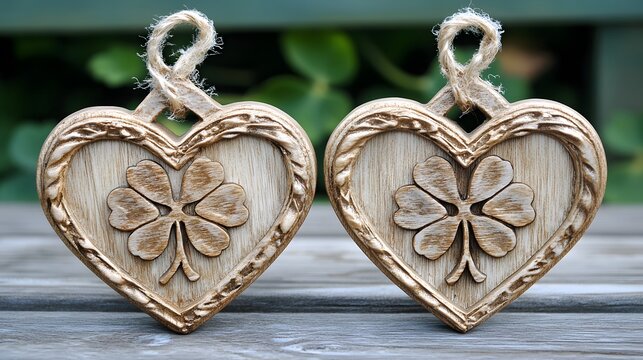 Two Wooden Hearts with Four Leaf Clover Charm
