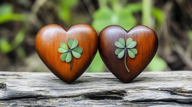 Wooden Hearts with Four Leaf Clovers St Patricks Day - Powered by Adobe