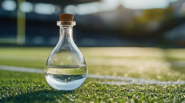 Glass Teardrop-Shaped Bottle with Water and Cork Stopper Standing on Lush Green Sports Field Illuminated by Warm Afternoon Sunlight