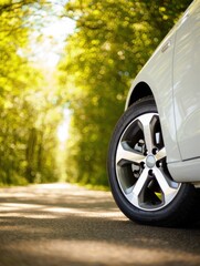 A sleek car wheel stands prominently on a paved path flanked by lush trees under a bright blue sky. The serene setting invites exploration and adventure in nature.