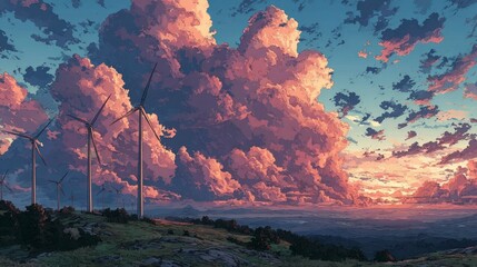 Renewable Energy Landscape with Wind Turbines Against a Dramatic Sunset Sky