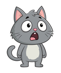 Shocked cartoon grey cat character with big eyes and open mouth in cute vector illustration on transparent background