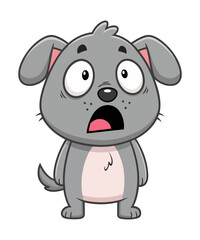 Surprised cartoon grey puppy character with wide eyes and open mouth on transparent background