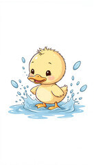 Adorable baby duckling taking bath in blue water puddle. Tiny yellow duckling splashing water droplets. Cute duckling image for baby shower invitations and announcements.