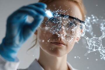 Fototapeta premium Female scientist examining digital molecular structure, biotech research, white background