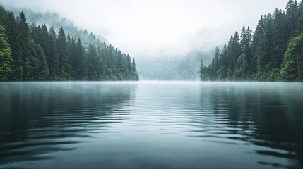 Serene Lake Surrounded by Misty Forest Under Gray Cloudy Sky