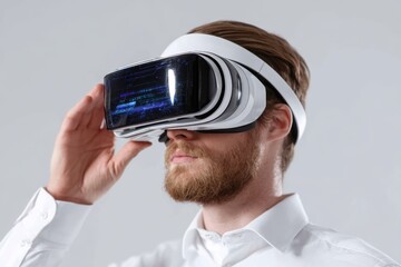 Man testing virtual reality simulation headset, immersive technology, white background