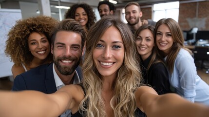 Obraz premium A joyful selfie moment featuring a multicultural team of businesspeople in a creative co-working space after a corporate workshop