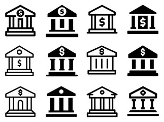 Fototapeta premium Bank Icon Set – Financial Institution, Banking Services Vector: Classic bank building icons, perfect for representing financial institutions, banking services, and economic concepts in any project.