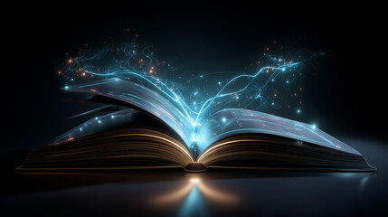 Online education concept in digital futuristic style. Light effect of a beam of light emanating from an open book, e-learning or e-book concept. Vector illustration on a dark night background