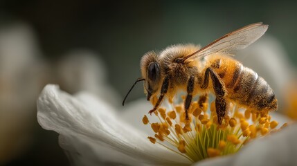 Honeybee pollinating flower in morning backlight