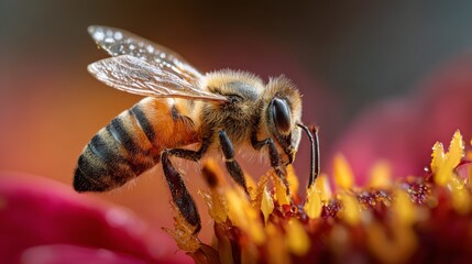 Fototapeta premium Honeybee pollinating flower in morning backlight