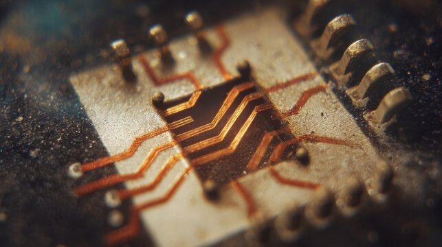 Vintage microchip with copper traces