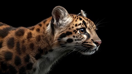 Fototapeta premium Close-up profile of a clouded leopard against a black background.