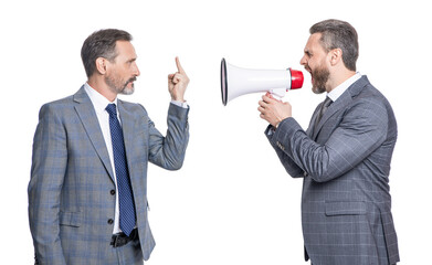 Fototapeta premium business promotion ideas. disputing businessman shouting in loudspeaker isolated on white. business man promoter has conflict. businessman promoting idea for business. promotion concept