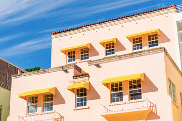 Historic District. Art deco architectural district. Art Deco. Modern building of Miami beach. Miami South Beach in Ocean Drive. Art Deco building architecture. Architectural building. Travel tips