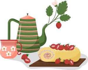 Dessert card template. Sweet roll with cream and strawberries. Teapot with cup. Fresh berries. Vector illustration