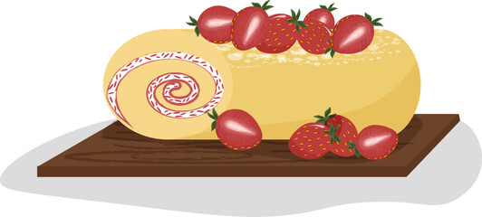 Strawberry roll. Sweet log. Cartoon spiral cake. Pastry with fresh berries and cream. Dessert lies on a wooden board. Vector illustration