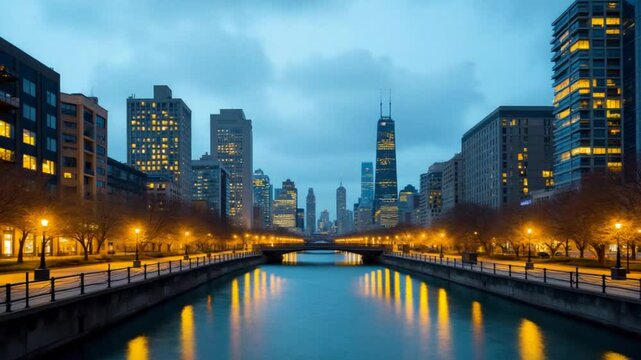 Outdoor Chicago Riverwalk in Chicago Illinois United States . Sky Clouds Futuristic.
