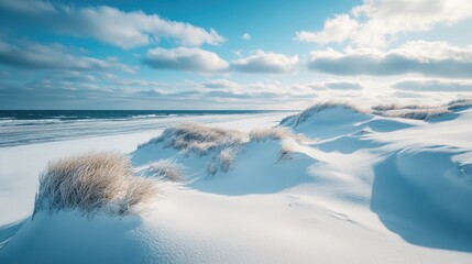 Fototapeta premium Snowy winter beach dunes under a vibrant sky.