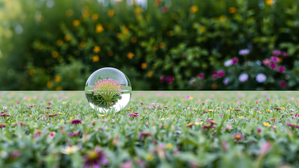 Fresh summer blooming meadow with clear water drop with reflection. Grass with flowers and bushes. Decorative scenic park, colorful floral background, wallpaper.