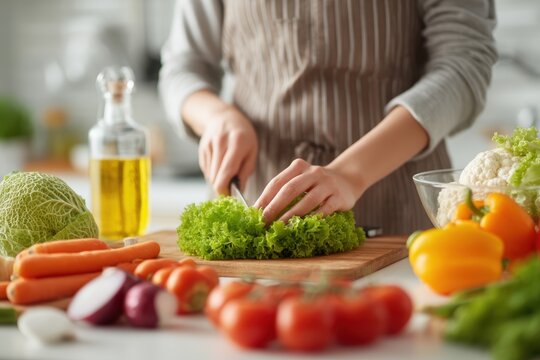 Woman preparing healthy meal with fresh vegetables, nutrition focus, white background