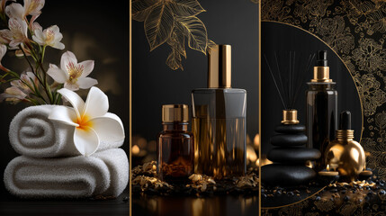 Horizontal spa composition, realistic elements spa treatments with white towel, massage and essential oils and exotic flowers on black background with gold elements. Great flyers for your spa salon.