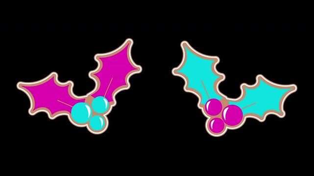 Animated gingerbread Christmas holly berries cookie design elements set isolated on black  background. Christmas decoration. Holly Berries Ginger CookieMotion Graphic Design Element for Christmas.
