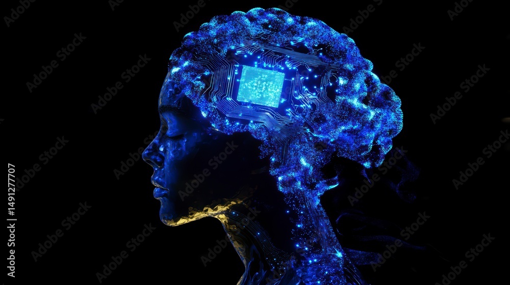 Poster glowing female profile with a computer chip inside her head, symbolizing ai and technology.