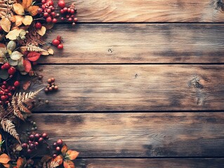 Autumn Wooden Background with Berries and Leaves