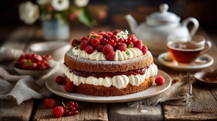 Sliced layered cake with frosting and decorations