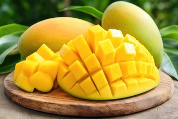 Freshly cut mango cubes on wooden board