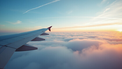 Obraz premium Scenic Airplane Wing View Above Clouds During Flight