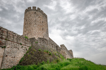 The walls of the upper town of the Belgrade Fortress seen from the Kalemegdan park. In Belgrade,...