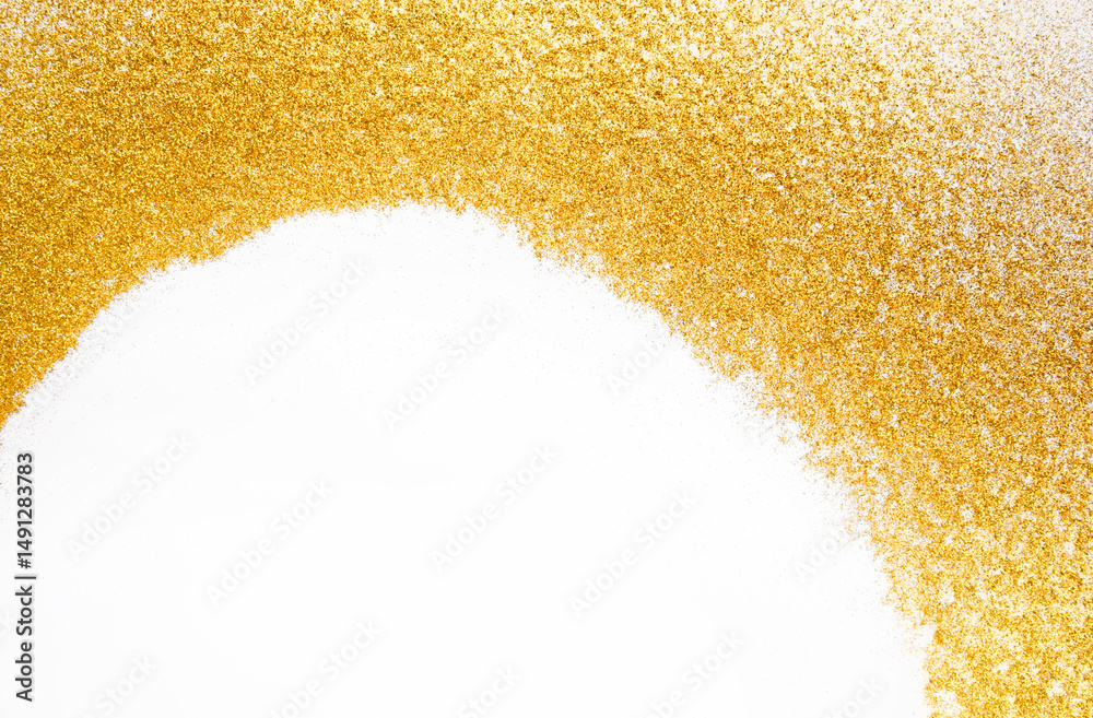 Poster golden glitter sand texture frame on white, abstract background with copy space. yellow dusty shimme