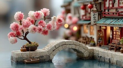 Charming Miniature Scene with Blossoming Tree Stone Bridge and Traditional Architecture