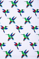 A lively collection of hummingbirds fills the canvas with bold greens and reds. Their graceful flight creates a dynamic pattern that captivates the viewer's eye.