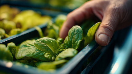 Vertical farm worker tossing freshly cut leafy greens into crate, slow motion action style, crisp lighting, energetic mood